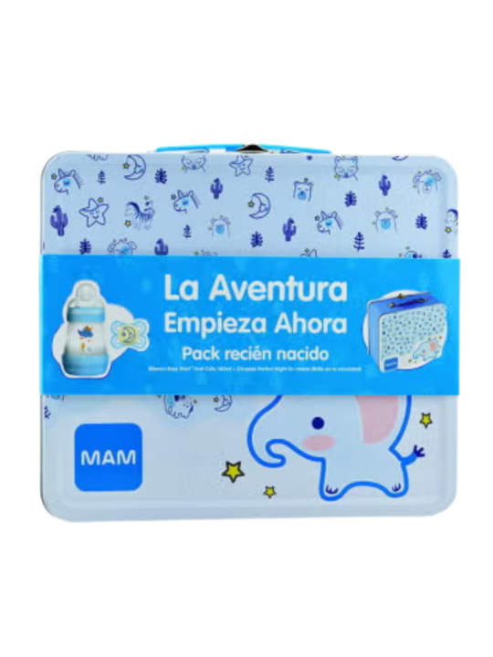 Mam caja metalica bibe anticolic 160 ml y chupete azul