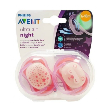 Chupete silicona philips avent nocturno 6- 18 m rosa 2 chupetes
