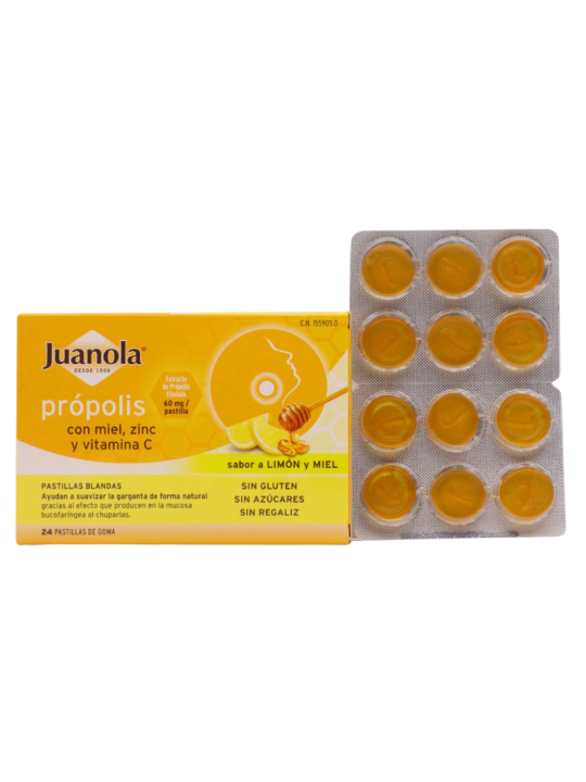 Juanola propolis miel zinc y vitamina C 36 pastillas de goma sabor limón miel