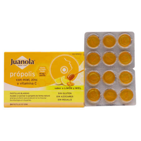 Juanola propolis miel zinc y vitamina C 36 pastillas de goma sabor limón miel