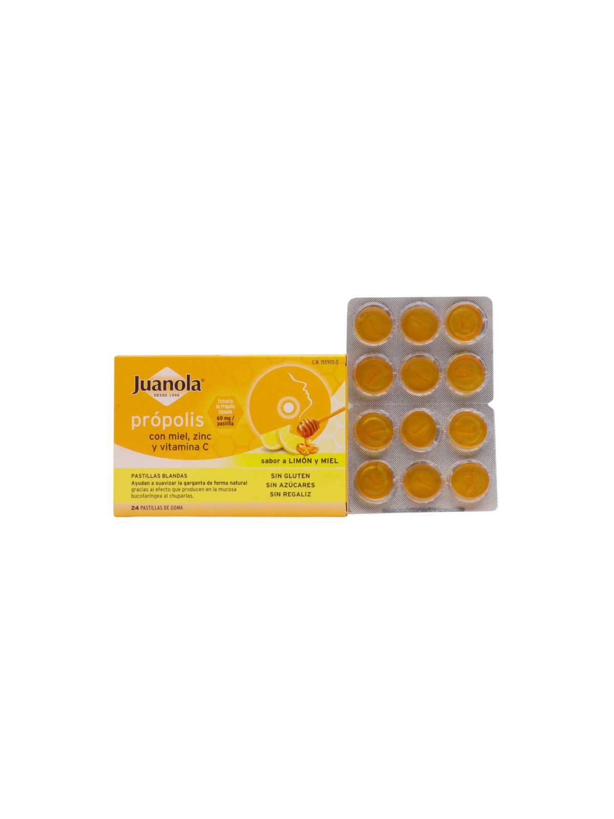 Juanola propolis miel zinc y vitamina C 36 pastillas de goma sabor limón miel