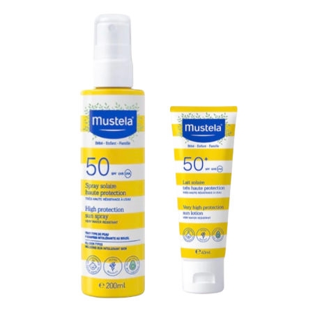 Mustela pack spray solar SPF 50 200 ml + leche solar SPF 50 40 ml formato ideal cara