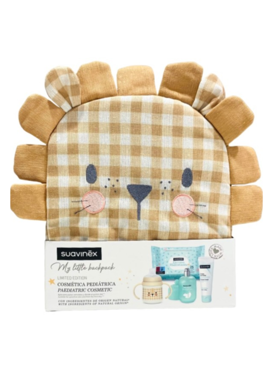 Suavinex mochila infantil león 1 envase crema de pañal 300ml + 1 envase baby cologne 100ml + bibe