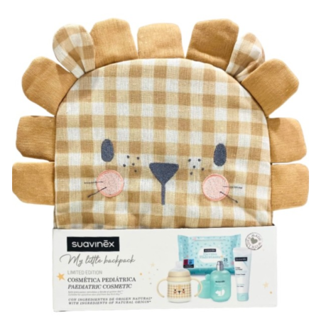 Suavinex mochila infantil león 1 envase crema de pañal 300ml + 1 envase baby cologne 100ml + bibe
