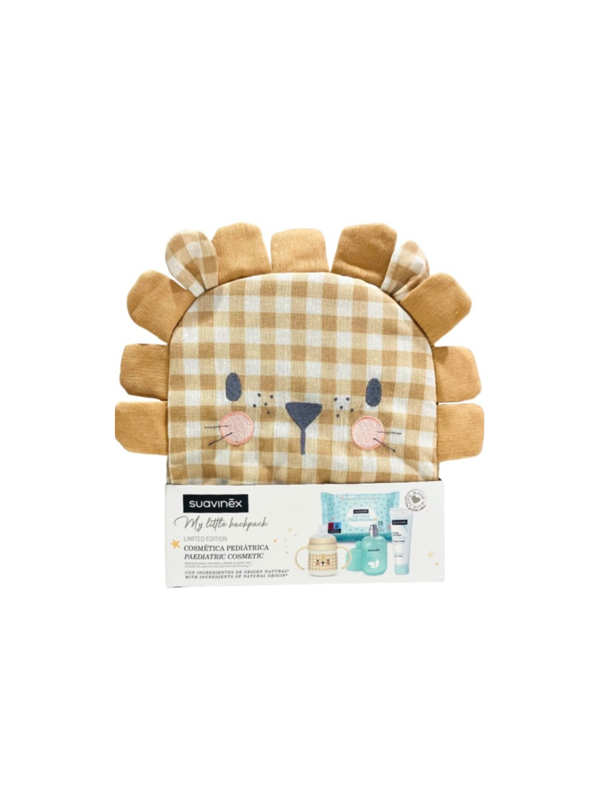 Suavinex mochila infantil león 1 envase crema de pañal 300ml + 1 envase baby cologne 100ml + bibe