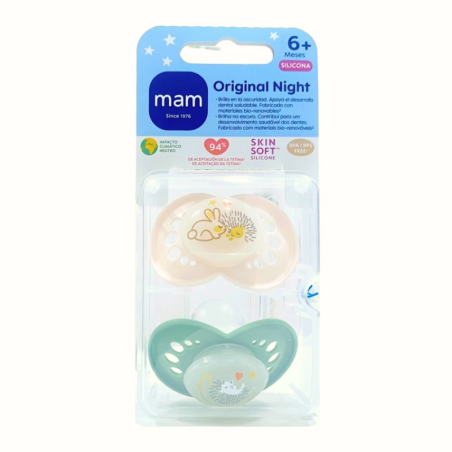 MAM ORIGINAL CHUPETE SILICONA NIGHT + 6 MESES MATT N PACK DOBLE