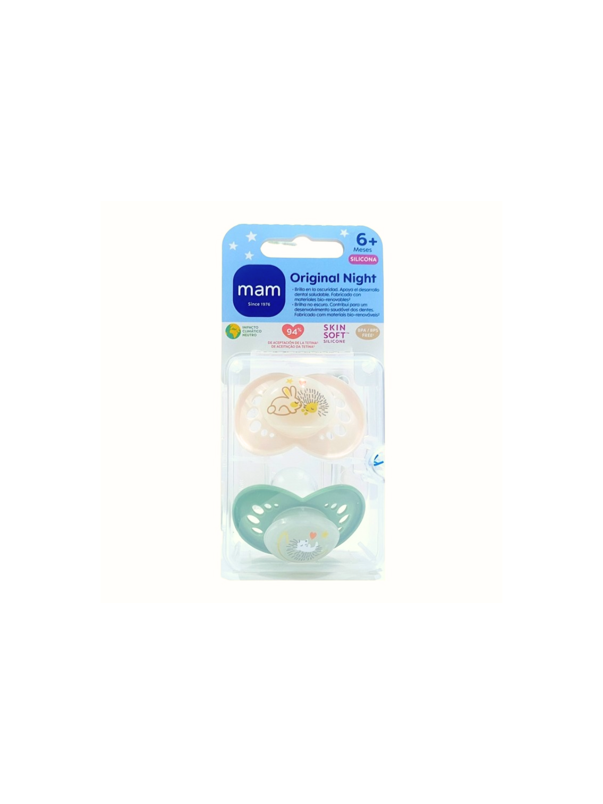 MAM ORIGINAL CHUPETE SILICONA NIGHT + 6 MESES MATT N PACK DOBLE