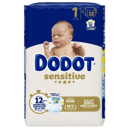 Pañal infantil dodot sensitive talla 1 2-5kg 58 unidades