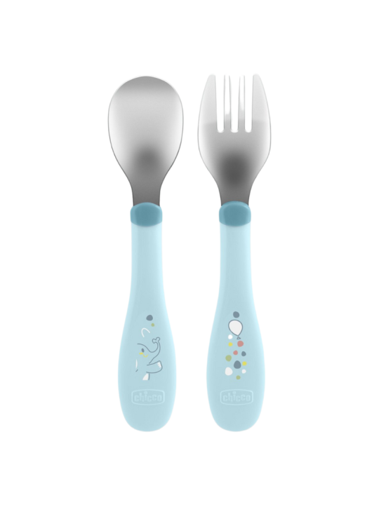 Chicco cubierto infantil acero inox +18M 2uds. azul