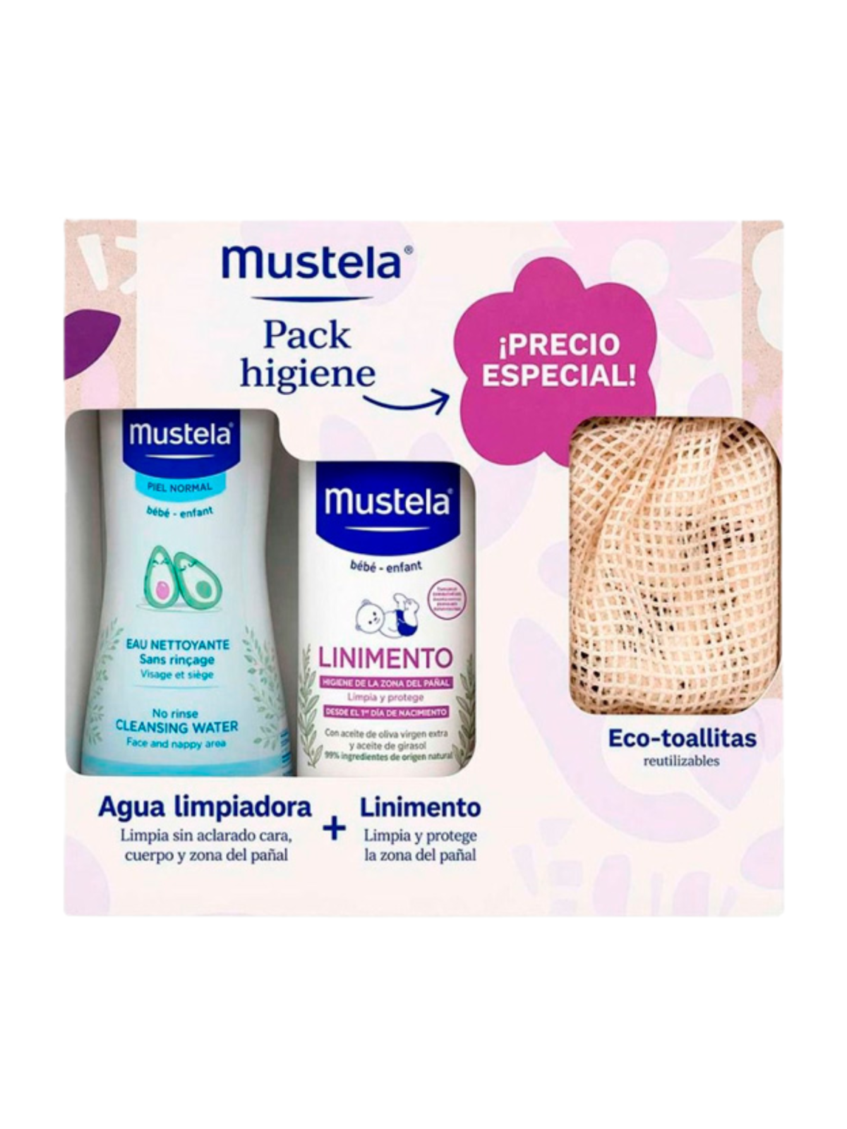 Mustela pack higiene agua limpiadora + lilimento + eco toallitas