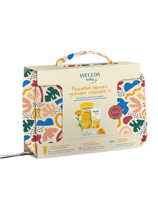 Weleda baby neceser champú gel ducha caléndula + crema pañal + pañal