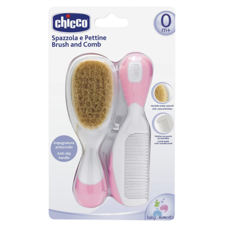 Chicco cepillo y peine de pelo natural rosa