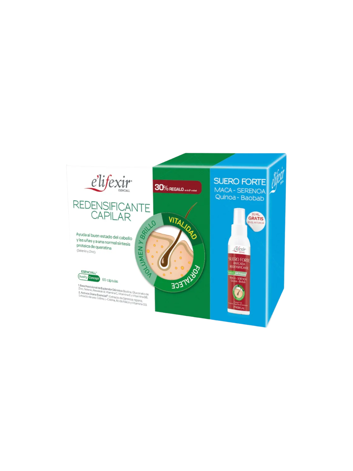 E´lifexir esenciall redensificante capilar + suero forte 2 envases 30 capsulas + 35 ml pack ahorro
