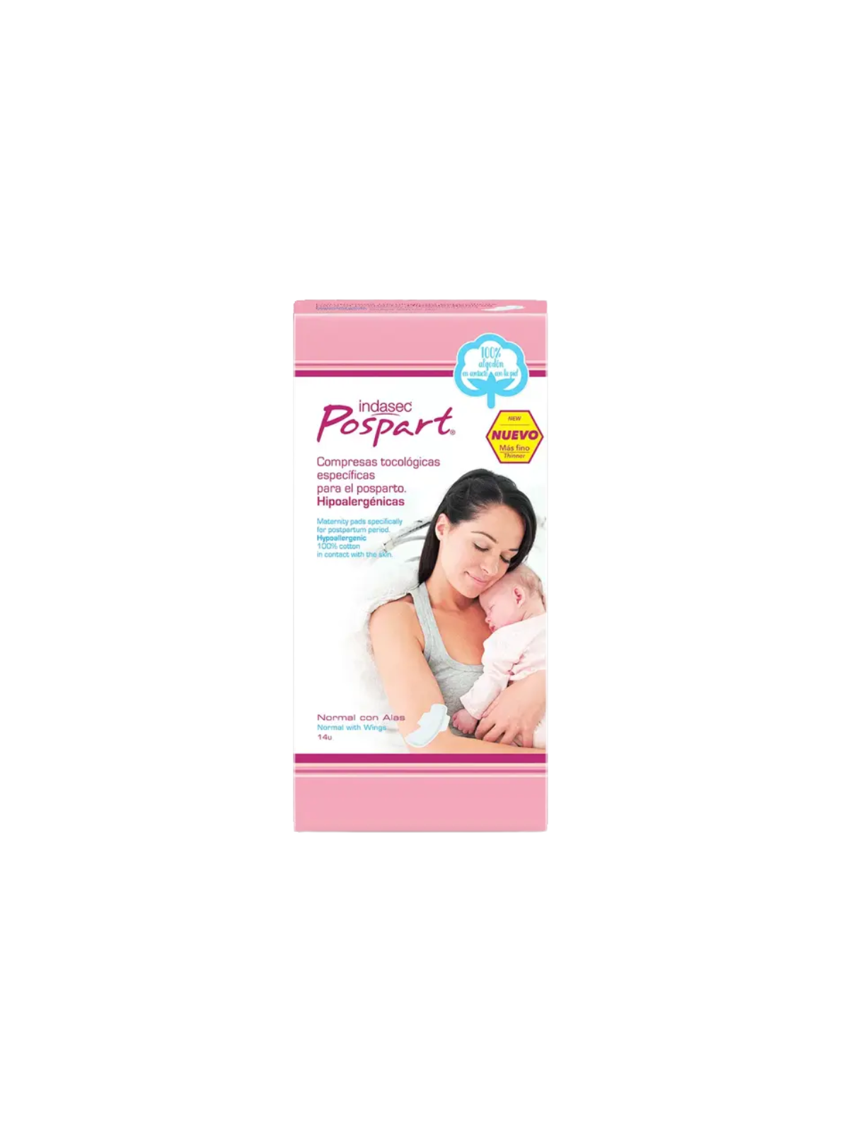 Indasec posparto compresas algodon normal con alas 14 uds