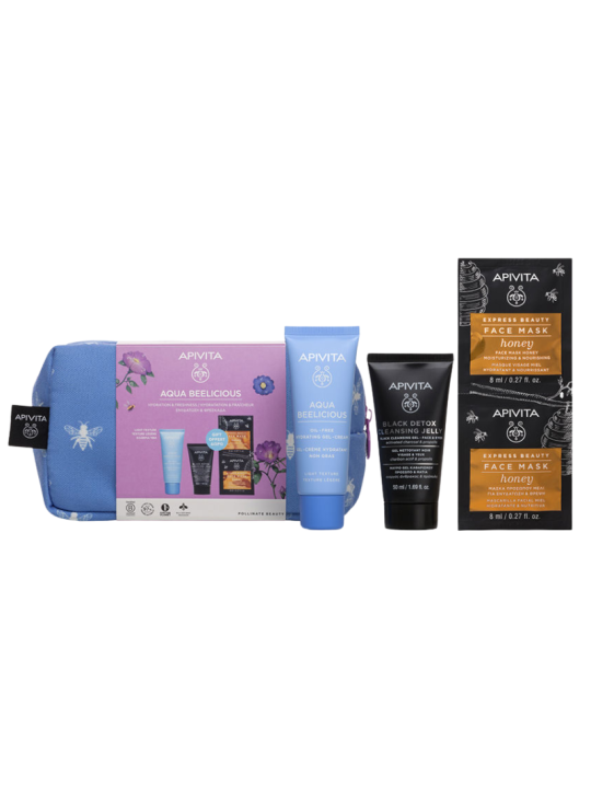 Apivita neceser aqua beelicious oil free gel crema + black detox cleasing jelly + face mask honey