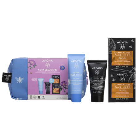Apivita neceser aqua beelicious oil free gel crema + black detox cleasing jelly + face mask honey