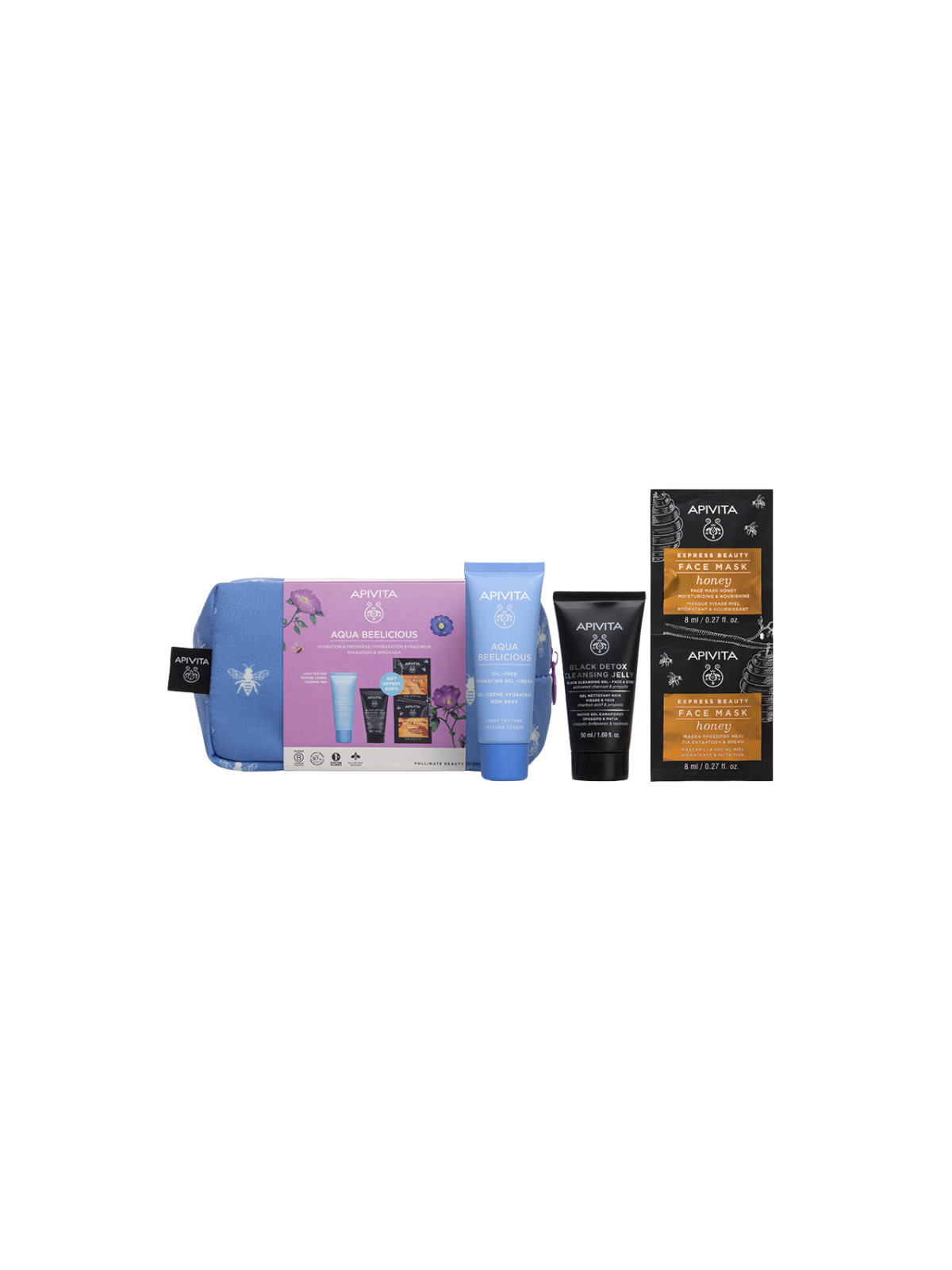 Apivita neceser aqua beelicious oil free gel crema + black detox cleasing jelly + face mask honey