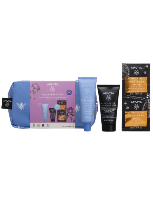 Apivita neceser aqua crema fluida spf30 + black detox cleasing jelly +  face mask honey