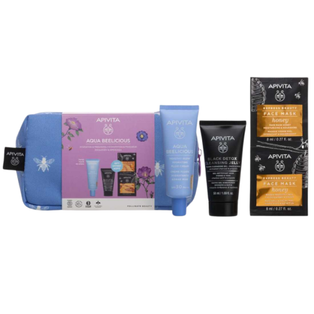 Apivita neceser aqua crema fluida spf30 + black detox cleasing jelly +  face mask honey