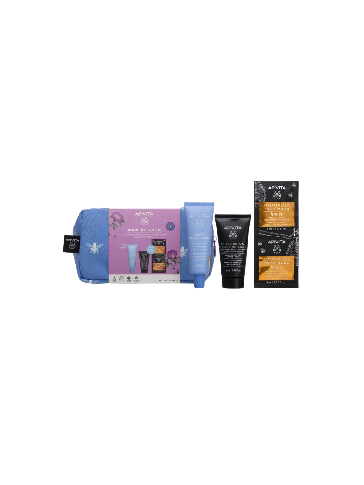 Apivita neceser aqua crema fluida spf30 + black detox cleasing jelly +  face mask honey
