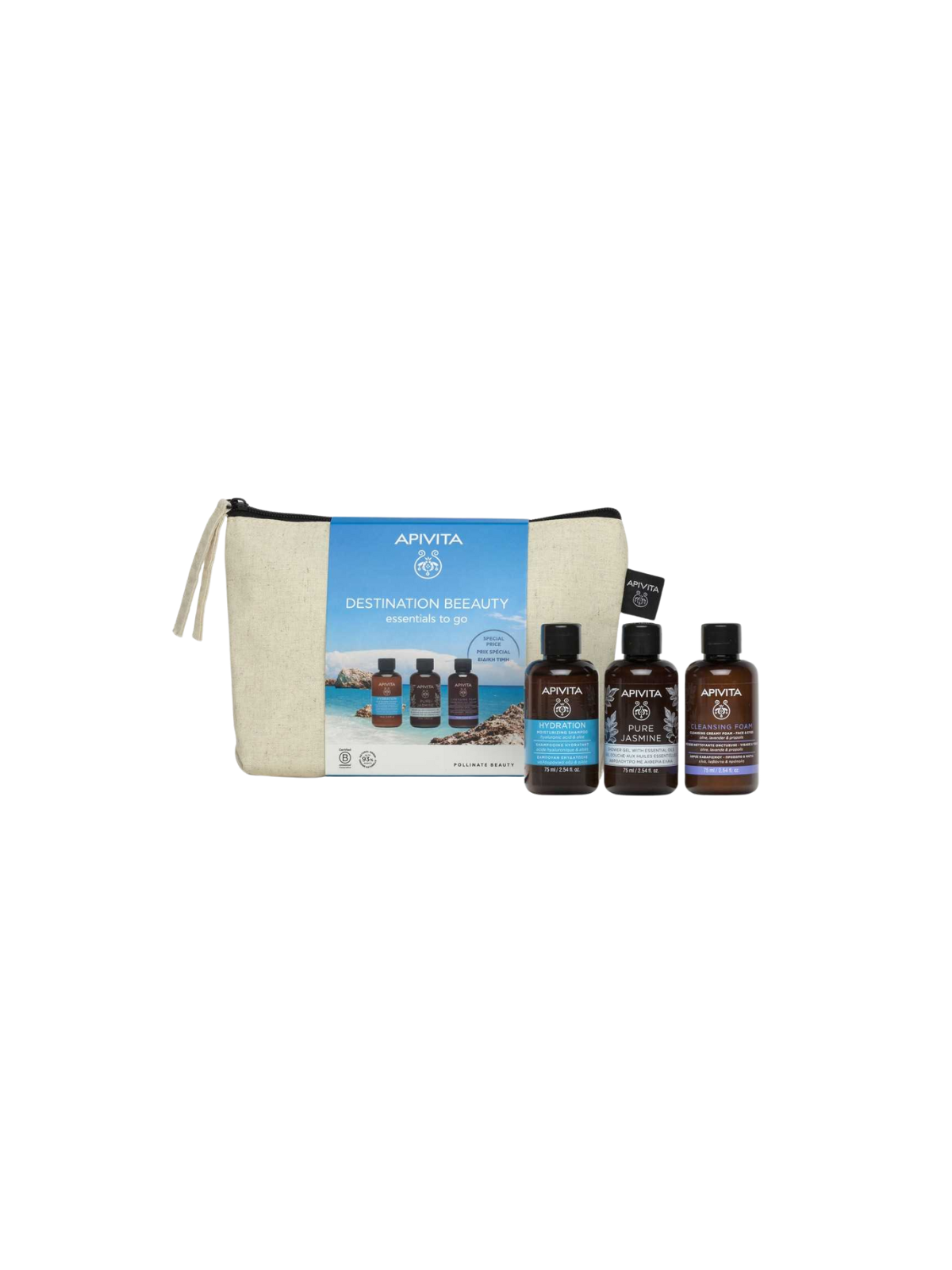 Apivita neceser destination beauty champú hidratante + gel de baño jasmine + espuma limpiadora