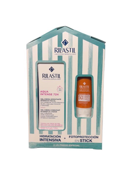 Rilastil pack aqua intense 72h + sun system stick transparente