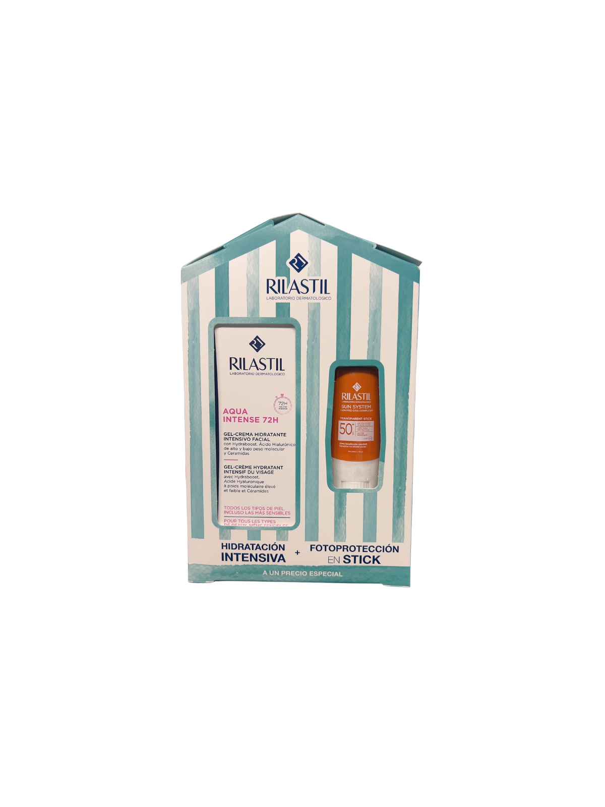 Rilastil pack aqua intense 72h + sun system stick transparente