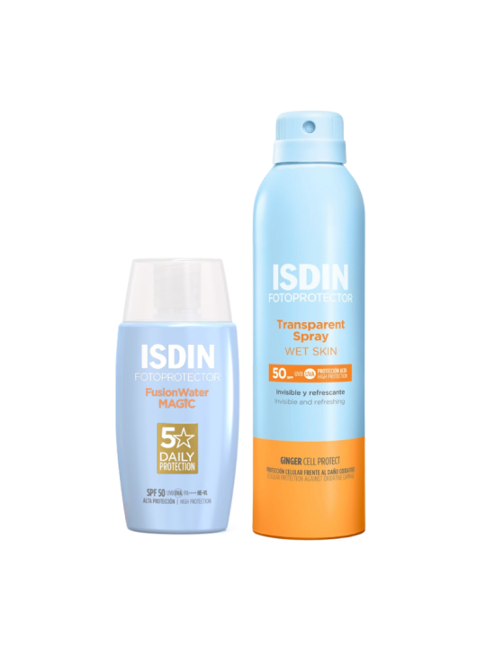 ISDIN pack solar transparent spray spf50 250ml + fusion water magic 50ml