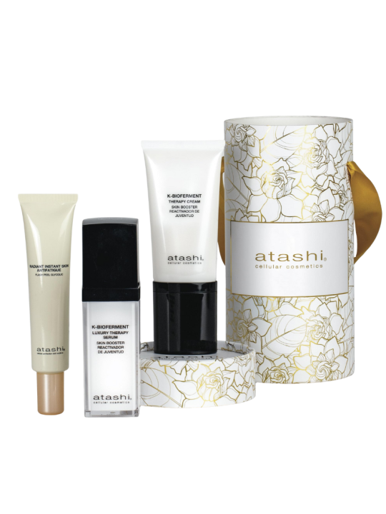 Atashi cofre ritual k-bioferment serum + crema antiedad revitalizante + radiant instant skin antifatigue