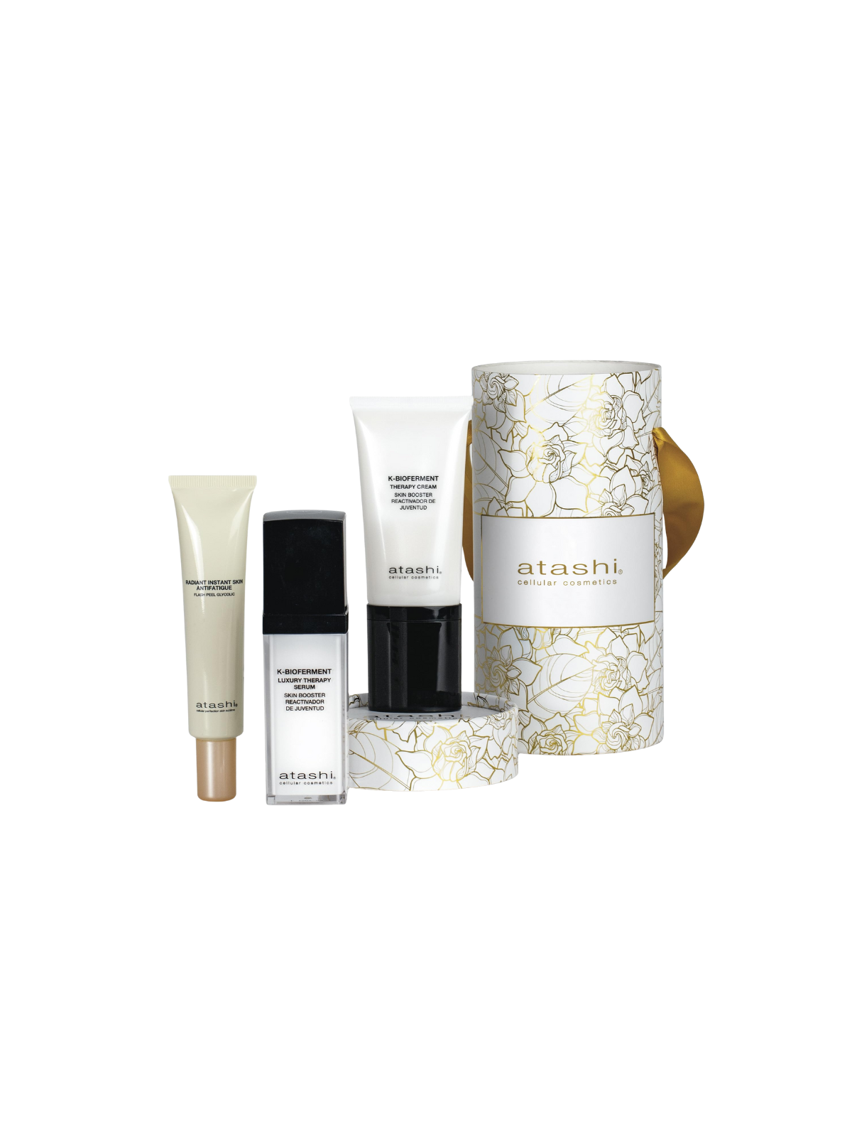 Atashi cofre ritual k-bioferment serum + crema antiedad revitalizante + radiant instant skin antifatigue