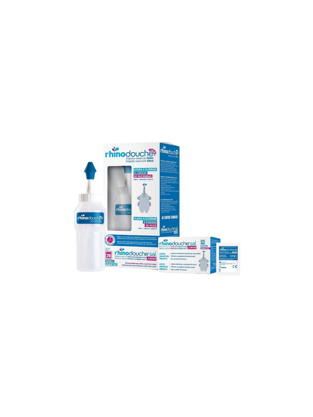 Rhinodouche junior pack irrigador nasal + sinusa 250ml + 26 sobres mezcla de sales 2.5g